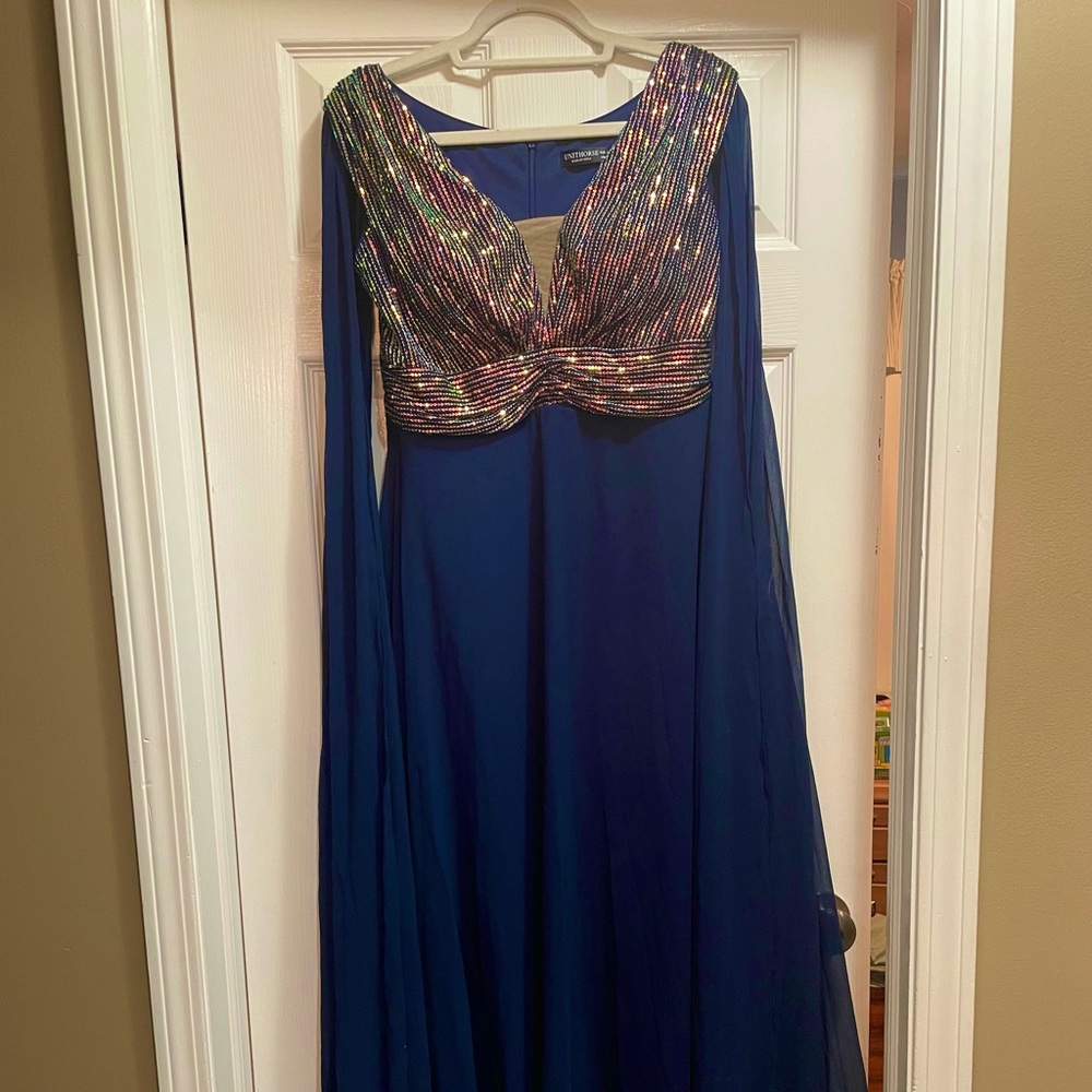 Navy blue dress with cape